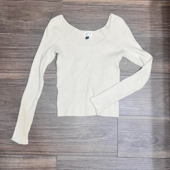 Beige Scoop Minimalist Neutral Knit Neck Sweater - Picture 3 of 3